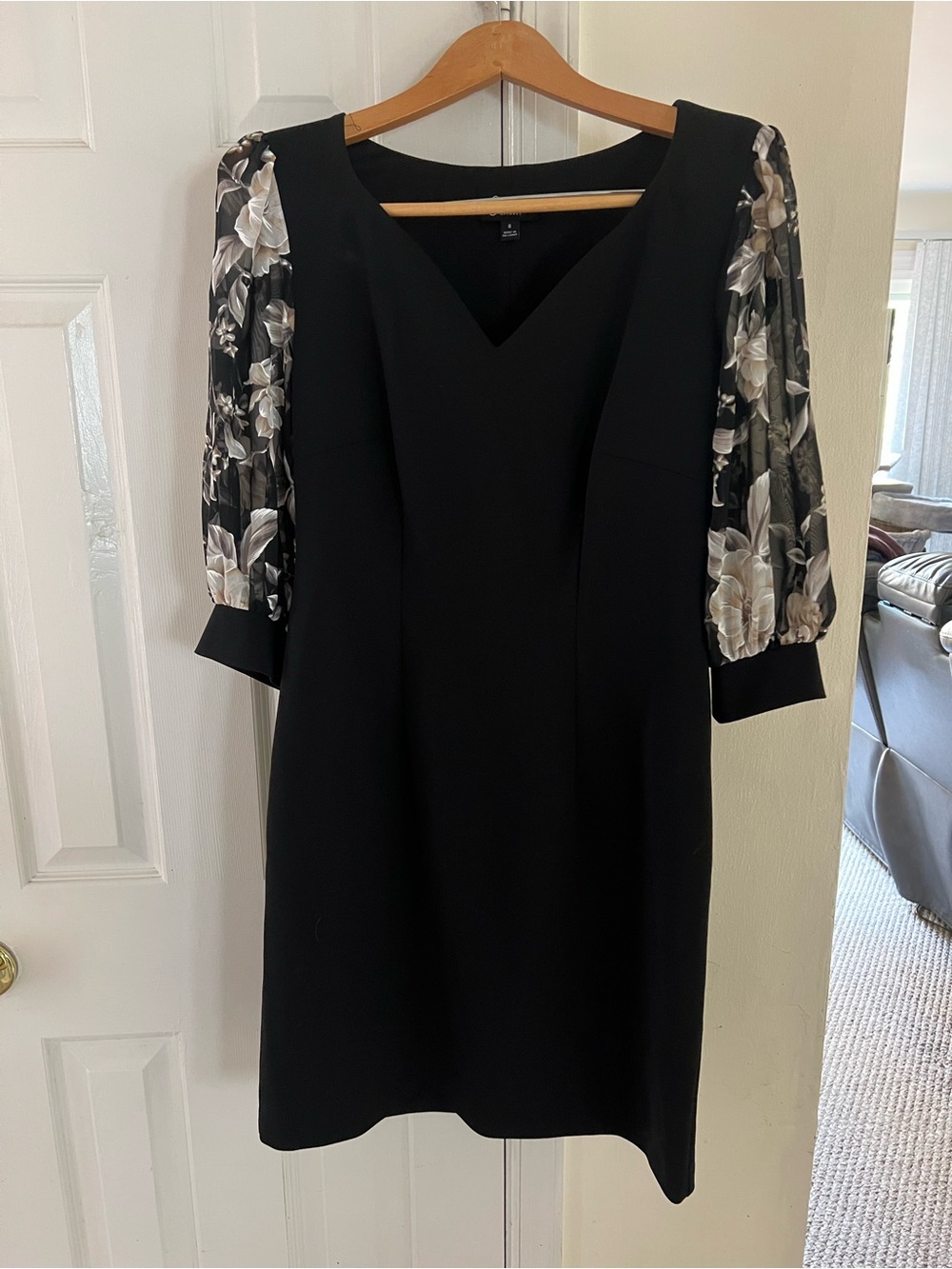 Connected Apparel Black Sheath Dress with Floral Sheer Puff Sleeves